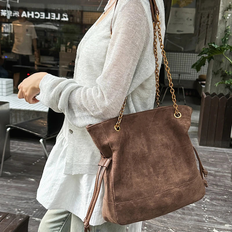 Faux Suede Tote Bag – Women's Chain Shoulder Handbag