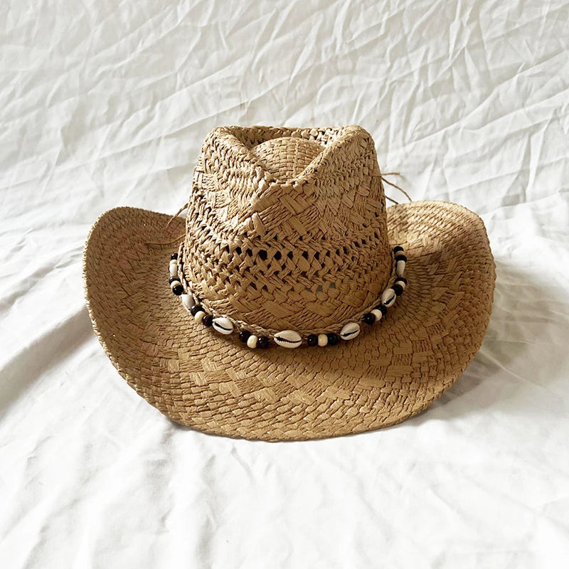 Straw Cowgirl Hat Bohemian Shell Bead Wide Brim Handmade Beach Sun Hat