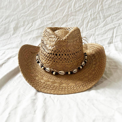 Straw Cowgirl Hat Bohemian Shell Bead Wide Brim Handmade Beach Sun Hat