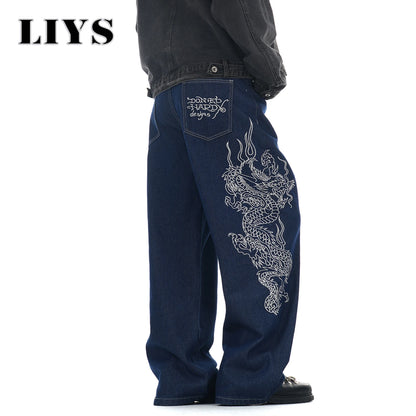 Men's Dragon Embroidered Baggy Wide Leg Jeans – Blue