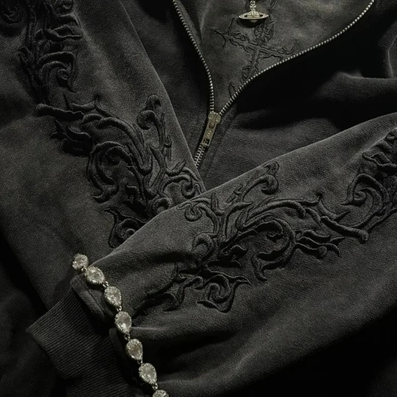 Vine Embroidered Gothic Zip-Up Hoodie – Unisex Streetwear