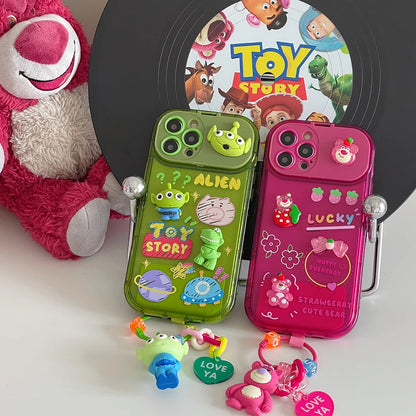 Cute Strawberry Bear iPhone Case with Mirror Stand & Charm Bracelet