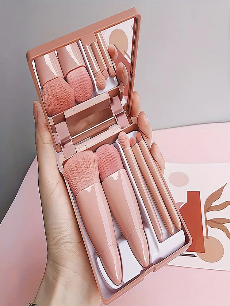 5-Piece Mini Travel Makeup Brush Set with Foldable Mirror