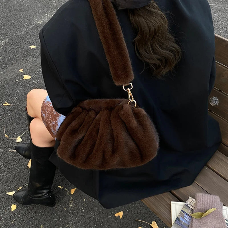 Fashion Pleated Cloud Bag Soft Faux Fur Handbag Popular Korean-style