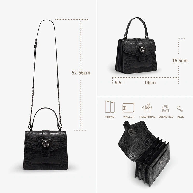 Leather Crossbody Bag – Croc-Embossed Top Handle with Cat Clasp