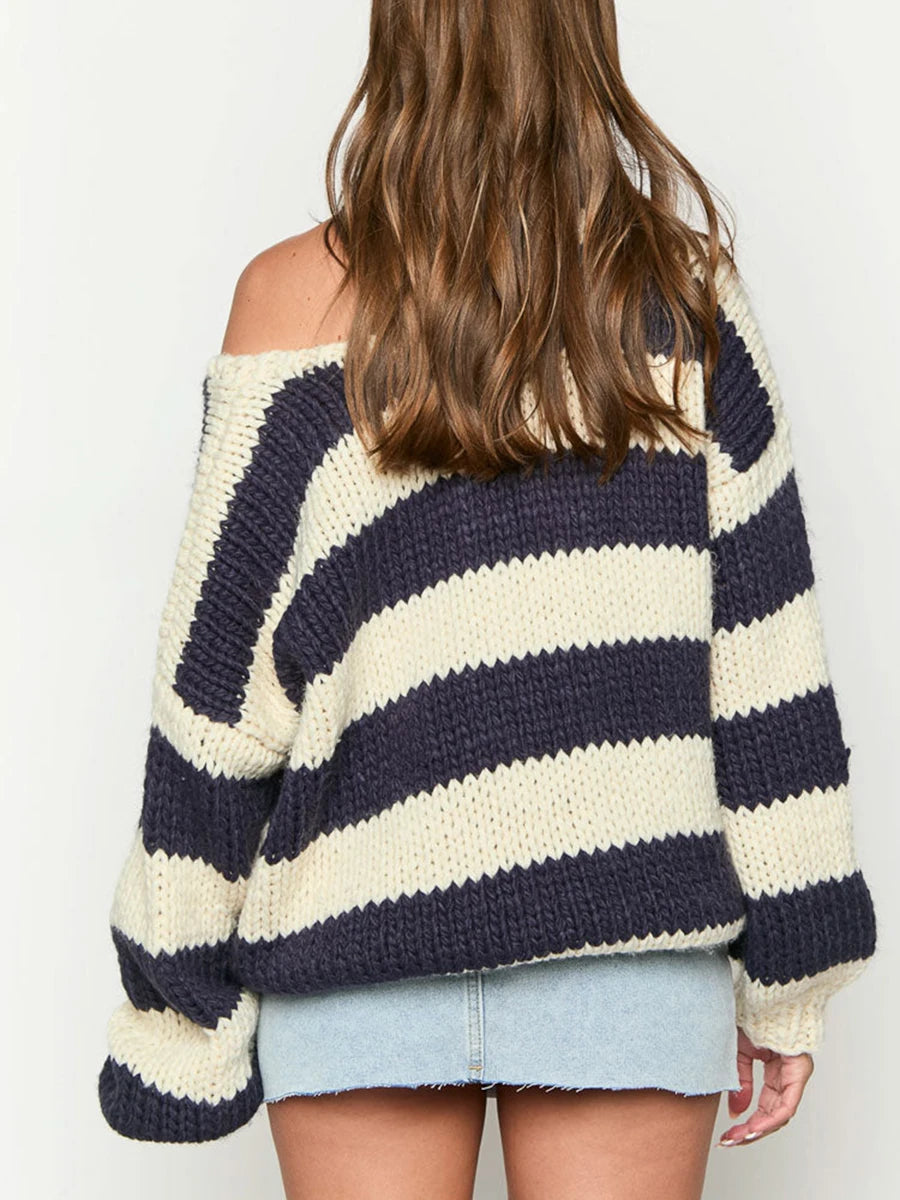 Off Shoulder Striped Knit Sweater – Oversized Y2K Pullover