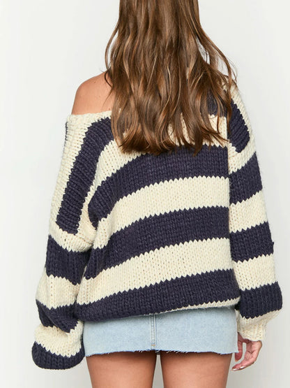 Off Shoulder Striped Knit Sweater – Oversized Y2K Pullover