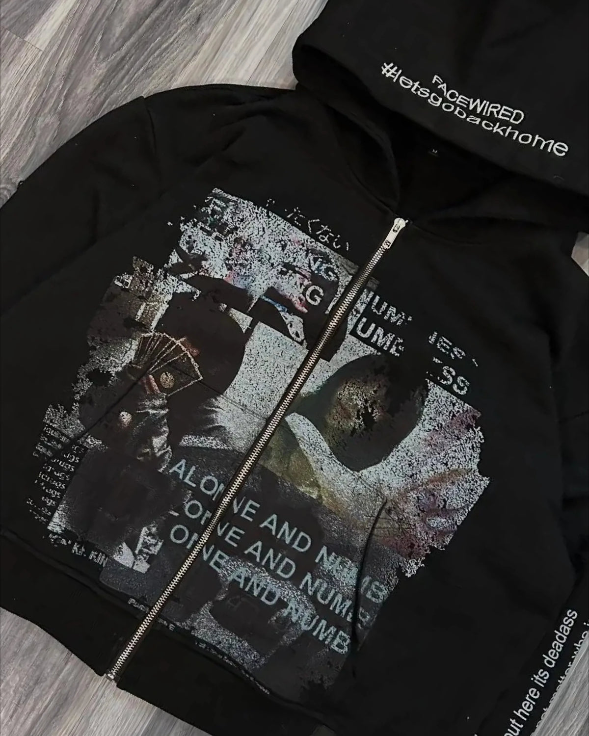 Grunge Zip-Up Oversized Hoodie – Gothic Streetwear Sweatshirt