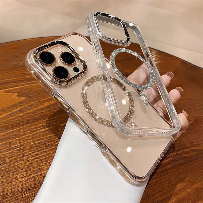 Glitter Clear Phone Case for iPhone 16 15 14 13 12 11 Pro Max Plus – Magnetic Wireless Charging
