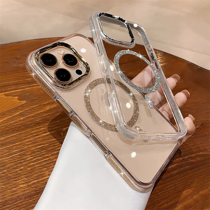 Glitter Clear Phone Case for iPhone 16 15 14 13 12 11 Pro Max Plus – Magnetic Wireless Charging