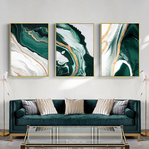 Nordic Abstract Green Gold Foil Wall Art Poster – Marble Canvas Print