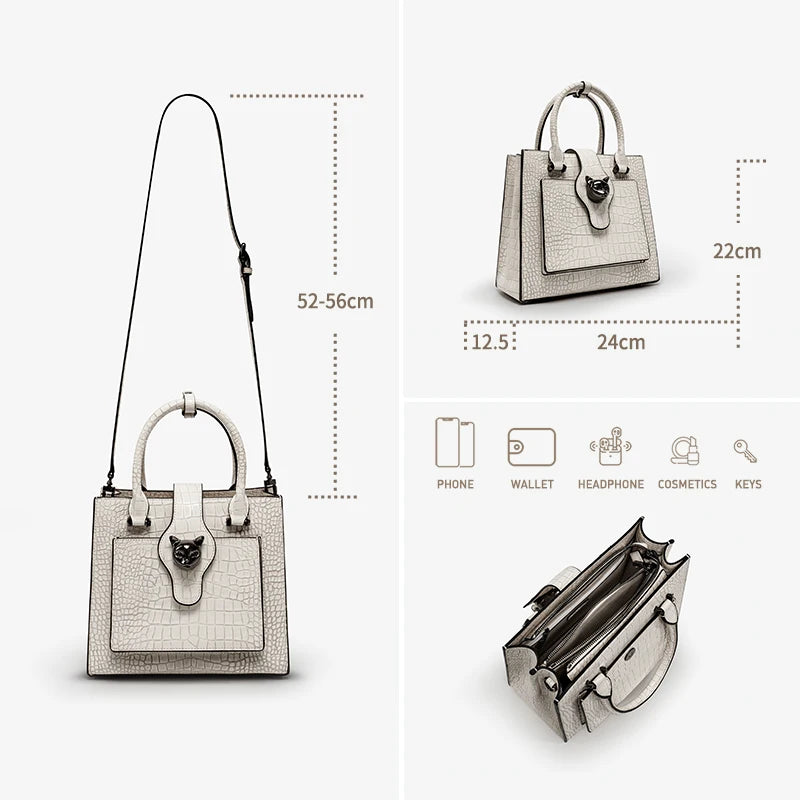 Genuine Leather Crossbody Tote Bag with Cat Hardware – Croc Embossed