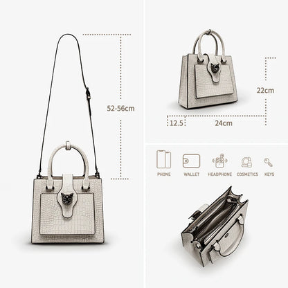 Genuine Leather Crossbody Tote Bag with Cat Hardware – Croc Embossed