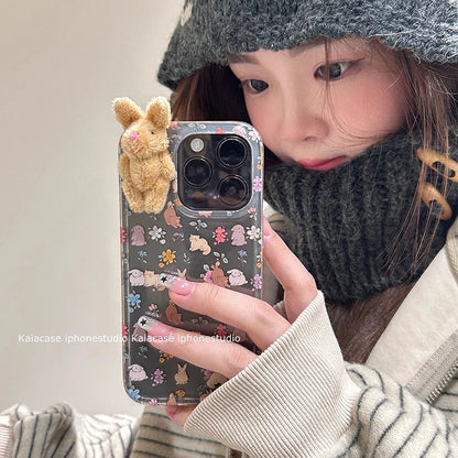 Cute 3D Plush Rabbit iPhone Case – Transparent Floral Cartoon Cover