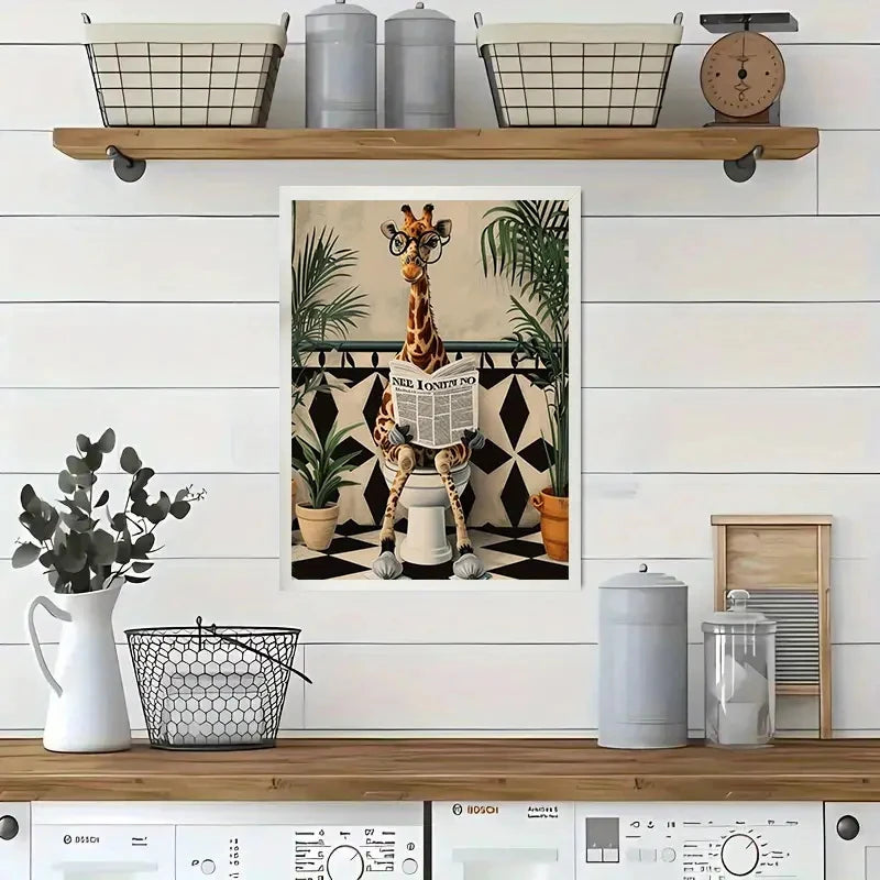 Giraffe Reading Newspaper Bathroom Wall Art Poster