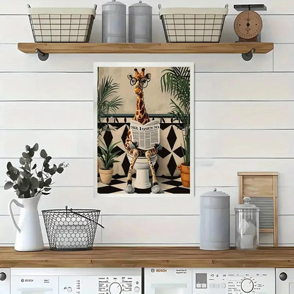 Giraffe Reading Newspaper Bathroom Wall Art Poster