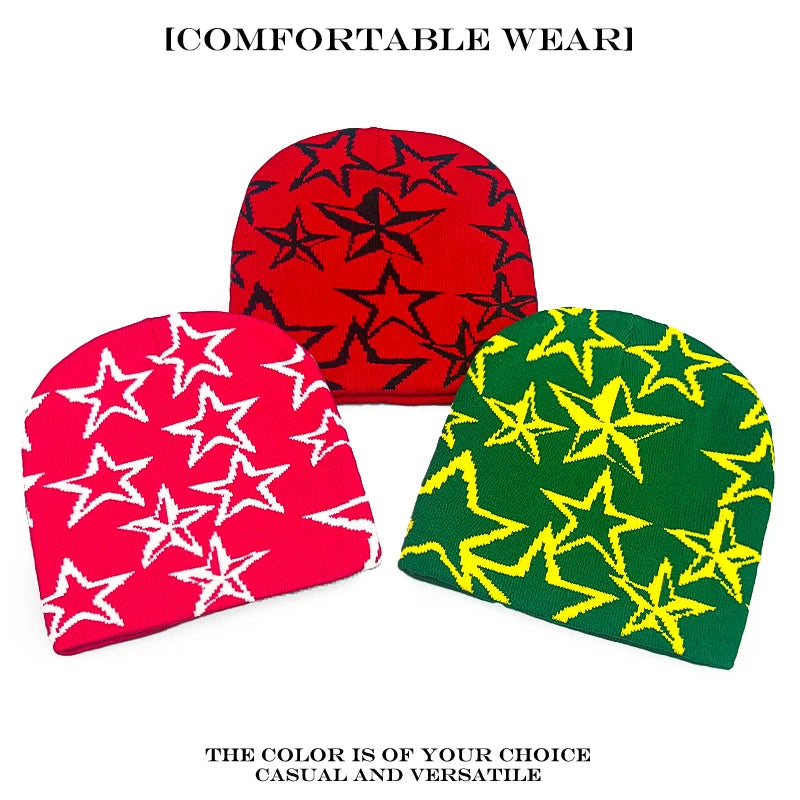 Star Print Beanie Hat – Unisex Hip Hop Knit Cap for Fall & Winter