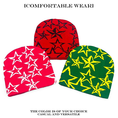Star Print Beanie Hat – Unisex Hip Hop Knit Cap for Fall & Winter
