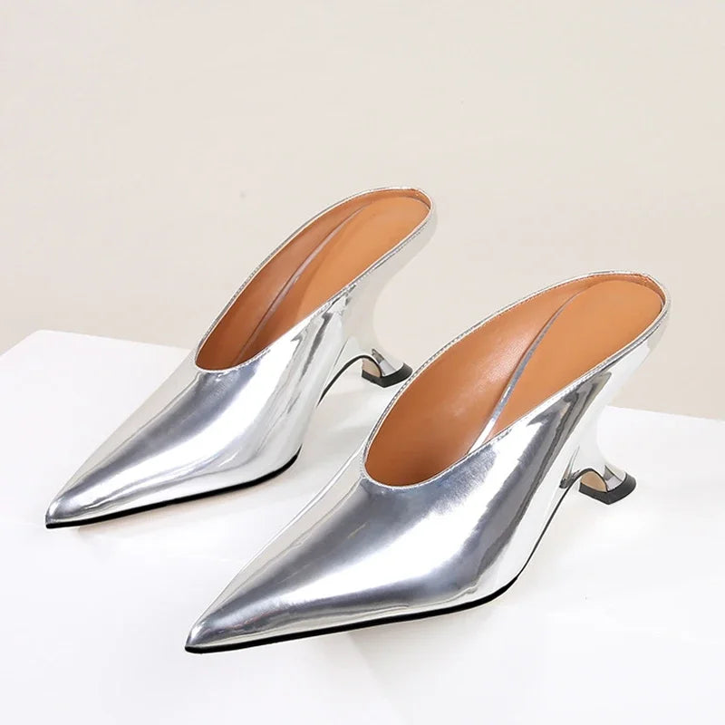 Pointed Toe Metallic Mule Heels for Women – Wedge Slipper Pumps