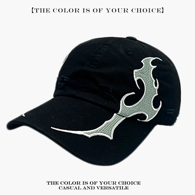 Tribal Thorn & Flame Embroidered Baseball Cap – Y2K Street Style Hat