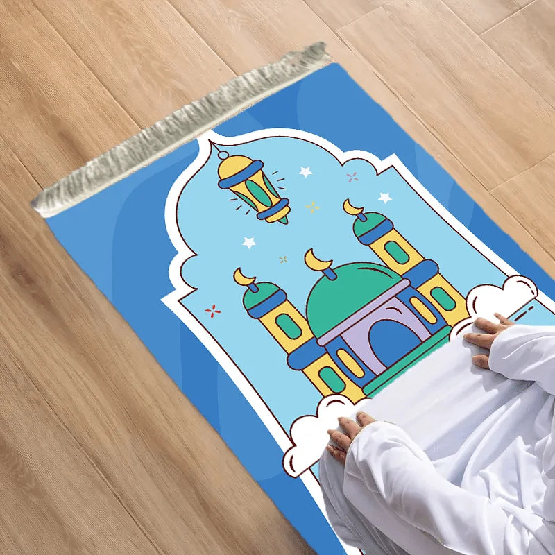 Kids Prayer Mat – Cartoon Mosque Blue Tasseled Rug