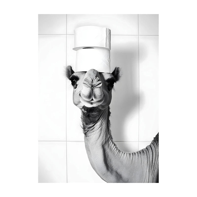 Funny Bathroom Wall Art Poster – Black & White Animal Toilet Paper Print