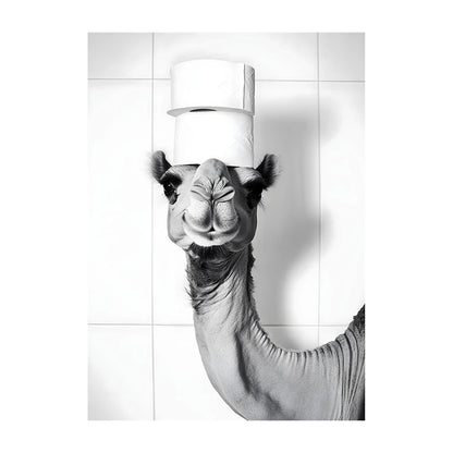 Funny Bathroom Wall Art Poster – Black & White Animal Toilet Paper Print