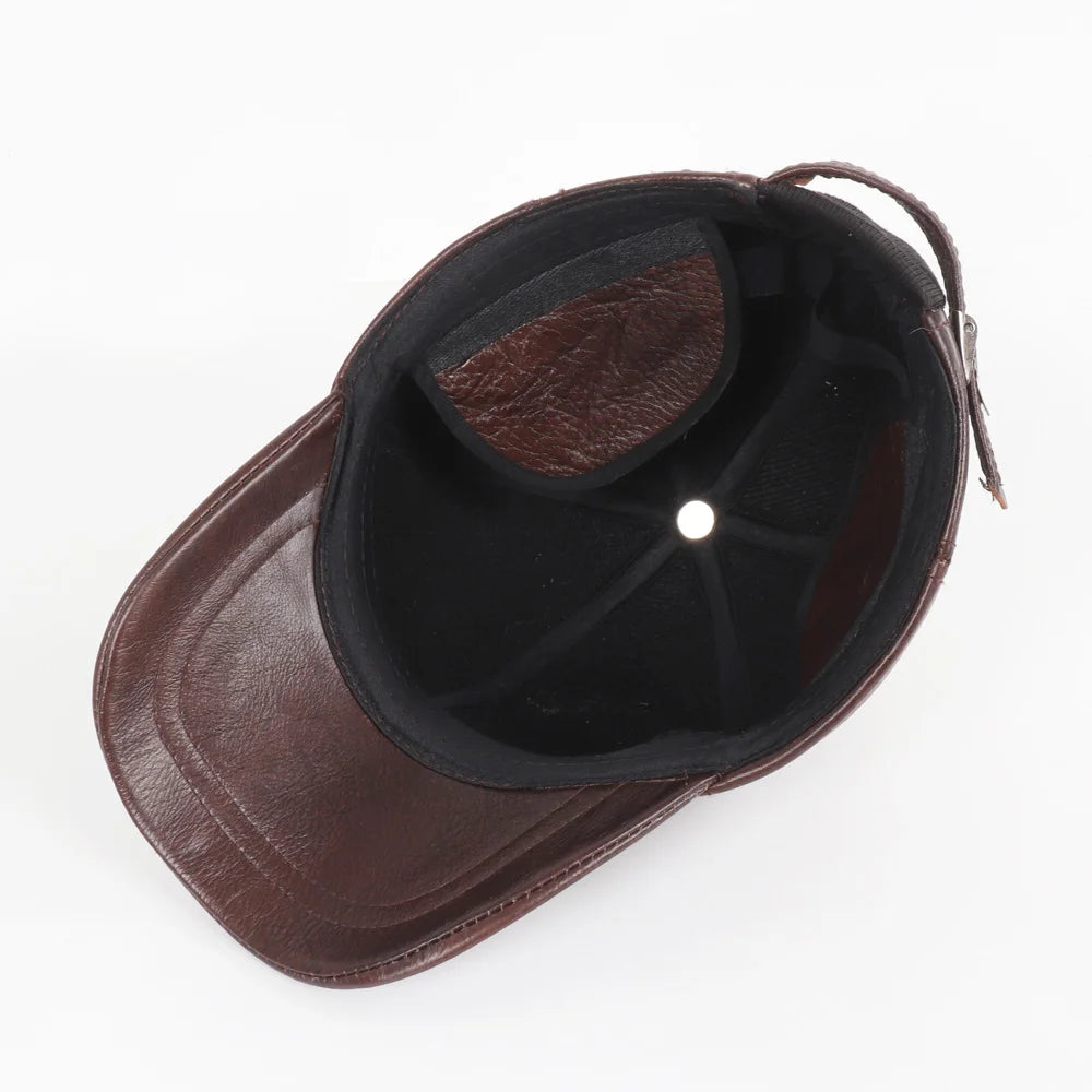 Men's Genuine Leather Baseball Cap with Earflaps