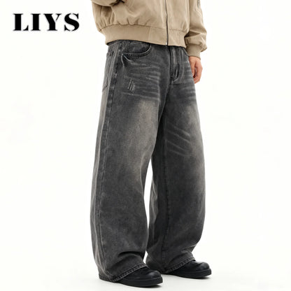 Men S American Retro Gray Baggy Wide Leg Jeans Daily Business Casual Loose Straight Denim Pants Four