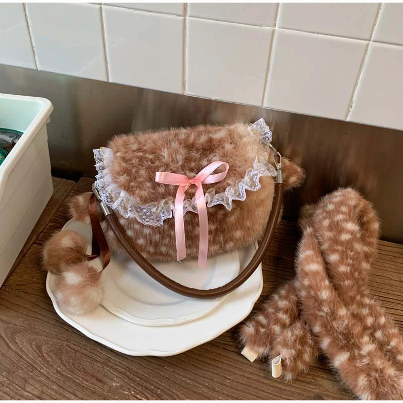 Women Plush Deer Spotted Handbag