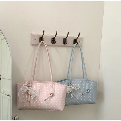 Korean Style Polka Dot For Women Elegant Underarm Bag With Pearl Bow