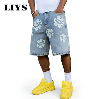 Flower Print Wide Leg Jeans – Men's Y2K Casual Bermuda