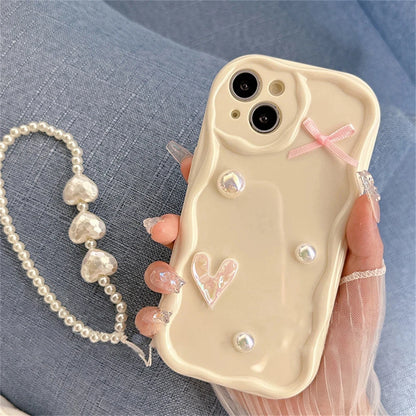 Cute Pearl Heart Bow Wave iPhone Case – Korean Aesthetic