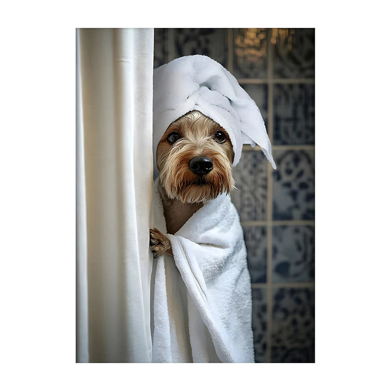 Funny Dog Bathroom Poster – Schnauzer in Bathrobe Wall Art Print