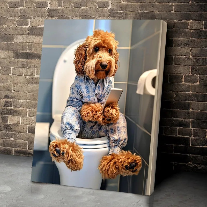 Funny Dog Bathroom Poster – Dog Reading Newspaper on Toilet Wall Art