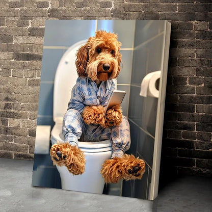 Funny Dog Bathroom Poster – Dog Reading Newspaper on Toilet Wall Art