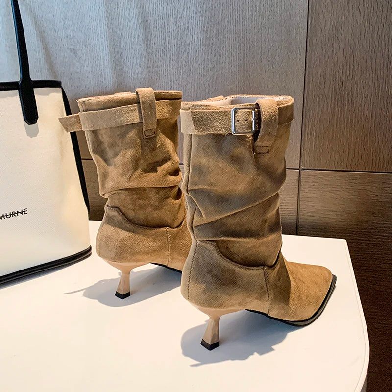 Women's Suede Slouch Boots – Pointed Toe Stiletto Heel with Buckle Strap