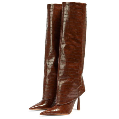 Knee-High Stiletto Boots for Women – Croc Pattern Leather