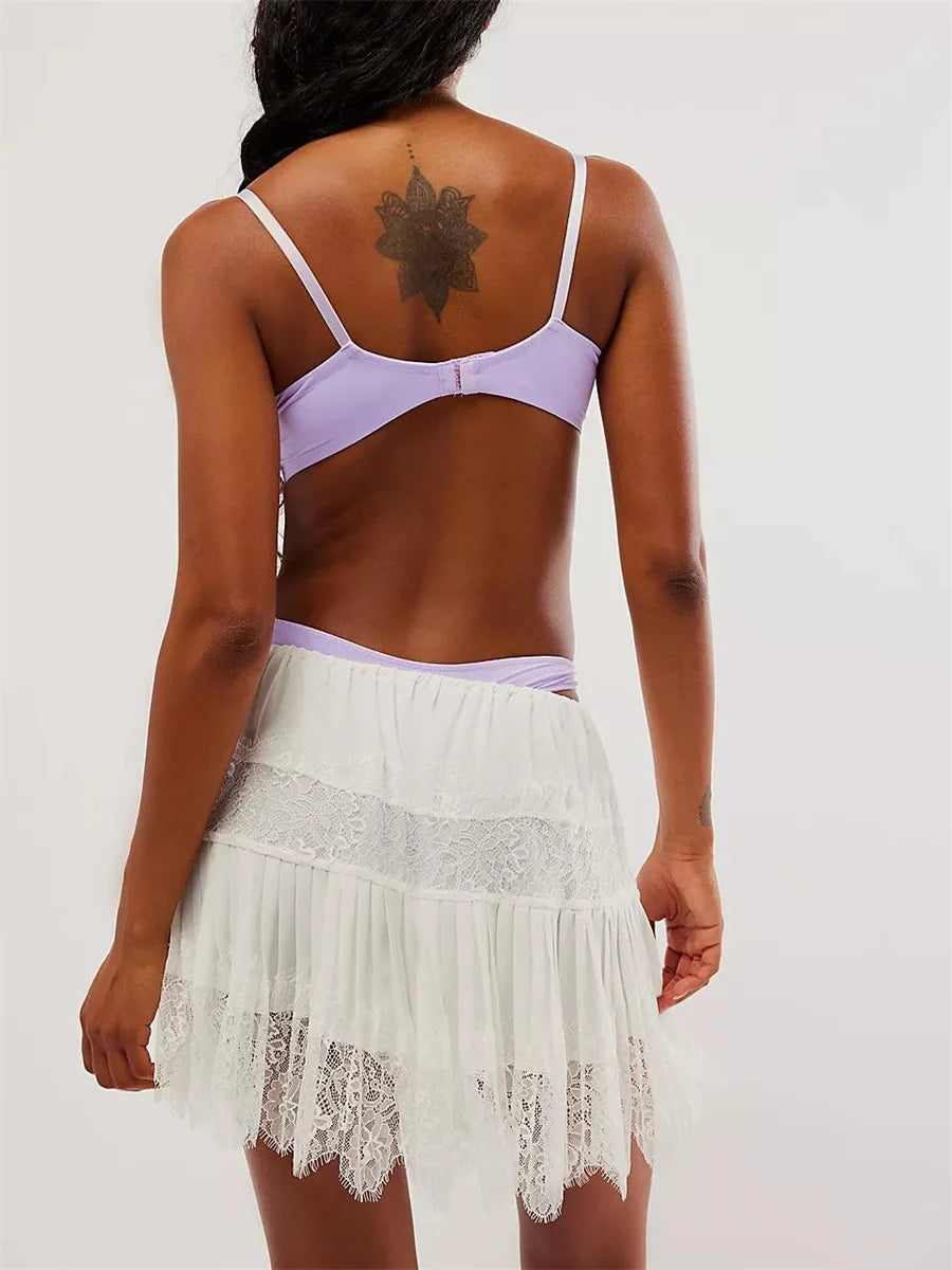 Tiered Lace Mini Skirt – Elastic Waist Pleated Short Skirt
