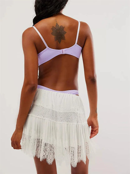 Tiered Lace Mini Skirt – Elastic Waist Pleated Short Skirt