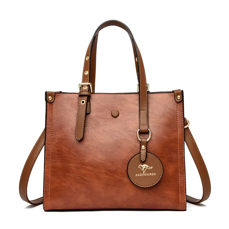 Vintage Leather Tote Bag for Women – 3-Layer Luxury Handbag
