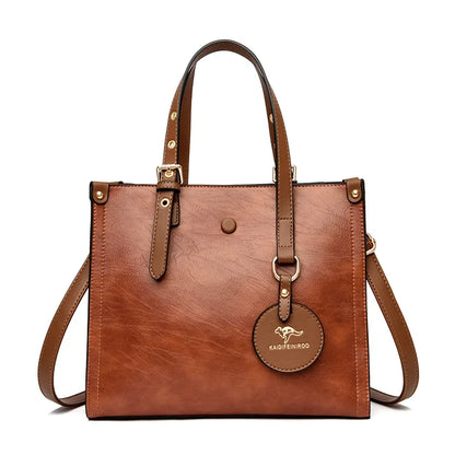 Vintage Leather Tote Bag for Women – 3-Layer Luxury Handbag