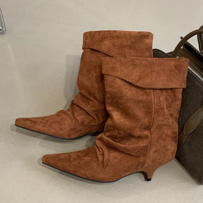 Pointed Toe Slouch Ankle Boots – Women's Low Heel Winter Boots