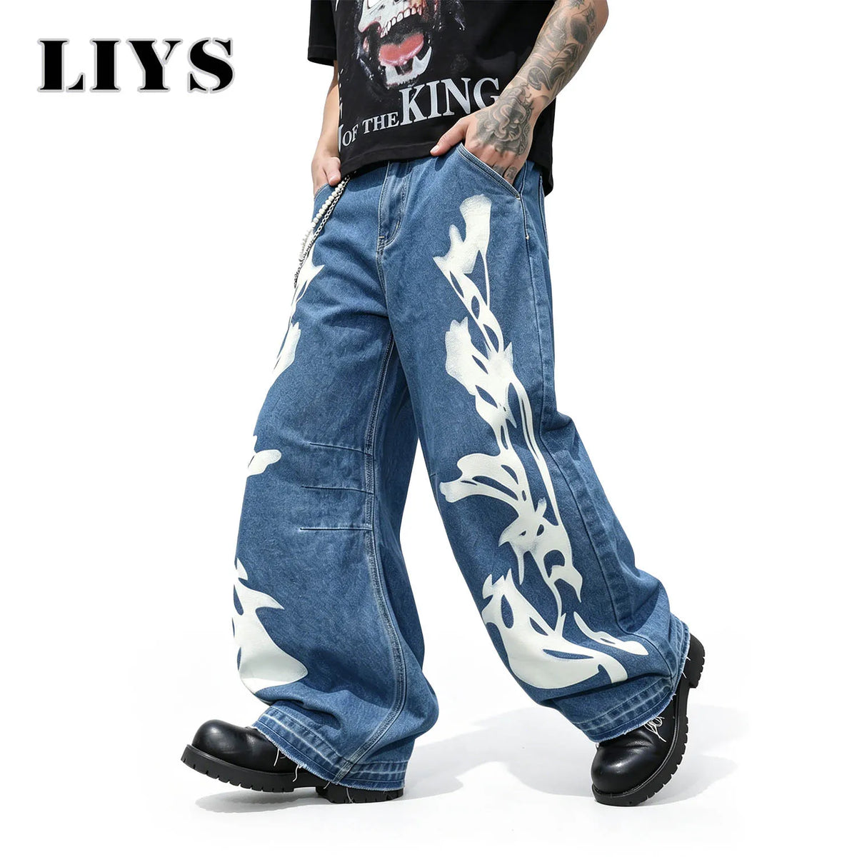 Men's Flame Print Wide Leg Jeans – Retro Streetwear Denim