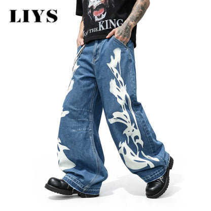 Men's Flame Print Wide Leg Jeans – Retro Streetwear Denim
