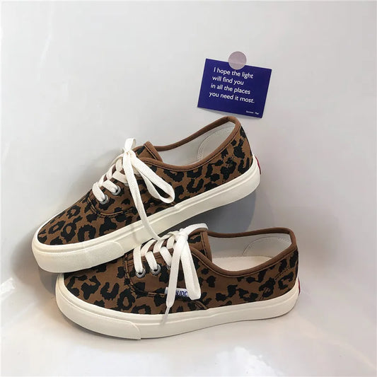 Leopard Print Canvas Sneakers – Women's Lace-Up Flats