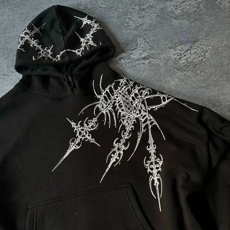 Y2K Gothic Graphic Hoodie Women Harajuku Streetwear Loose Zip-Up Sweatshirt