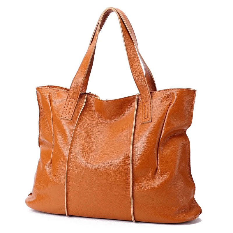 Genuine Leather Women's Large Tote Bag – Soft Cowhide Shoulder Bag