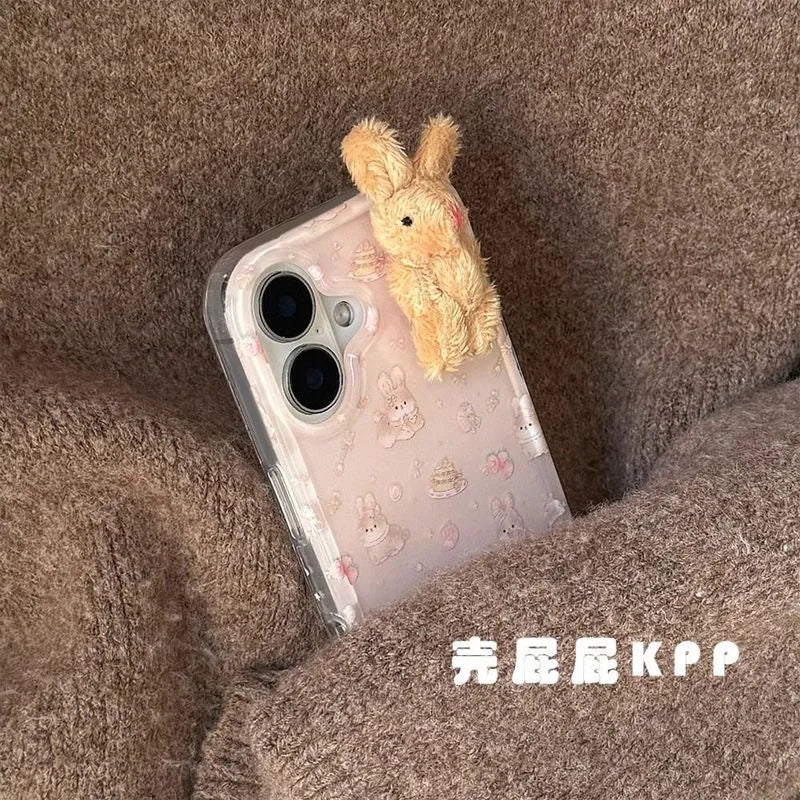 Cute 3D Plush Rabbit iPhone Case – Transparent Floral Cartoon Cover
