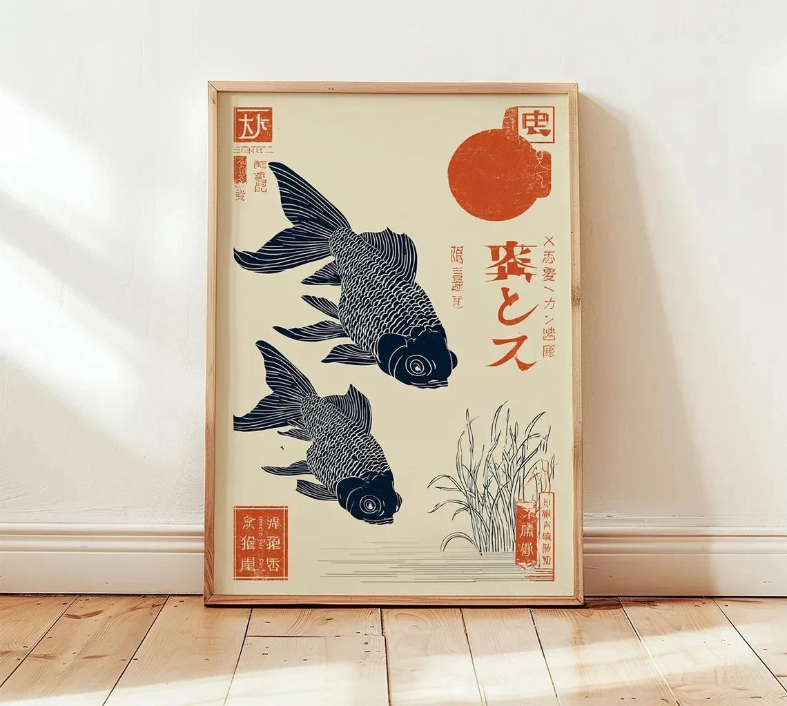 Japanese Koi Fish Poster – Vintage Ukiyo-E Wall Art Print